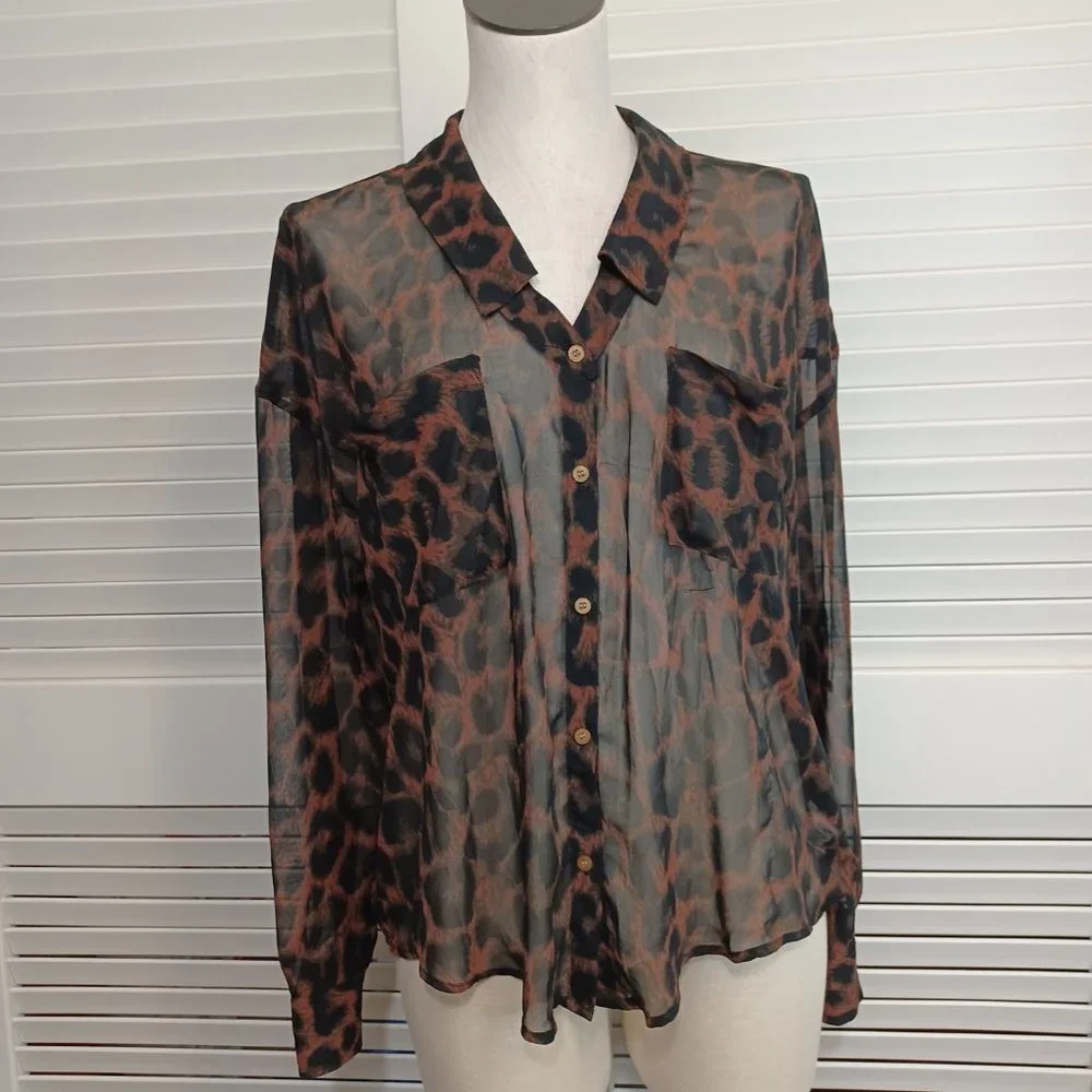 Free People Blouse Easy Rider Black Brown Leopard Print Chiffon Shirt Size Small